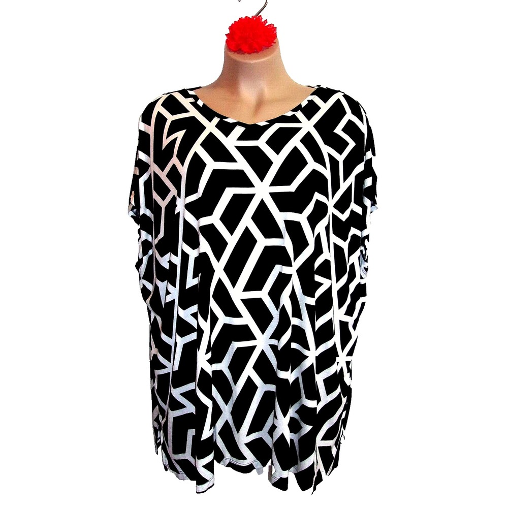 Ellos Women Tunic Top Plus 18 20 Black White Geo Oversized Boxy Coastal Vacation